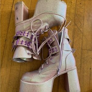 Iridescent Pink Platform Boots with Purple Accents
